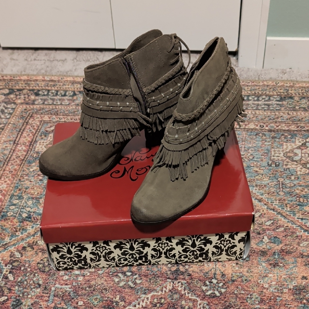 Naughty Monkey Fringe Ankle Boots - Taupe Brand New